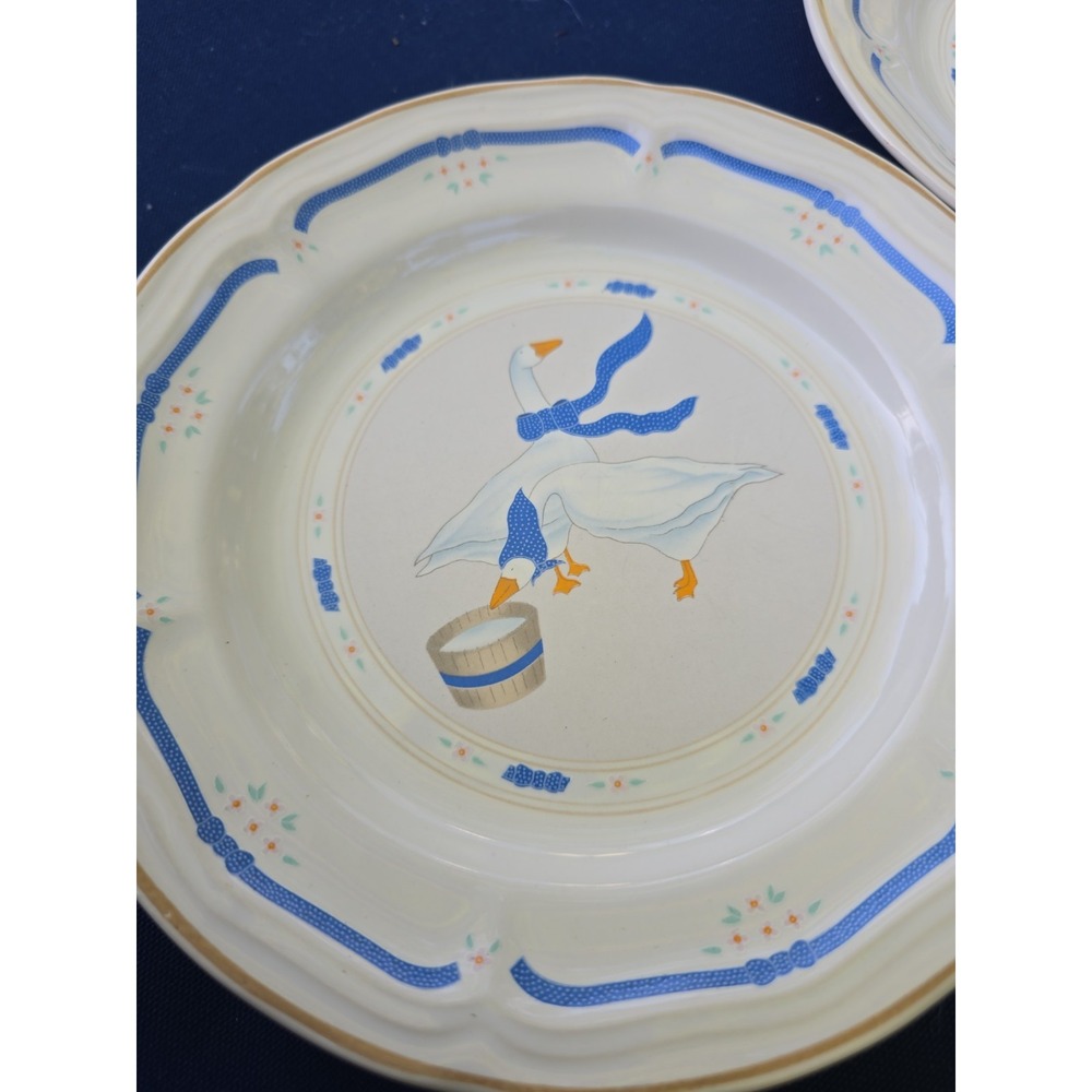 Newcor Stoneware Countryside Geese Salad Plates Set - 2 VTG Blue Ribbon Rim 7.5" - Picture 2 of 4